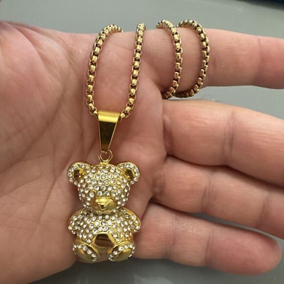 Teddy Bear Studded Gold Plated Stainless Steel Pendant 24 Inch Necklace Gift Her - Picture 5 of 6